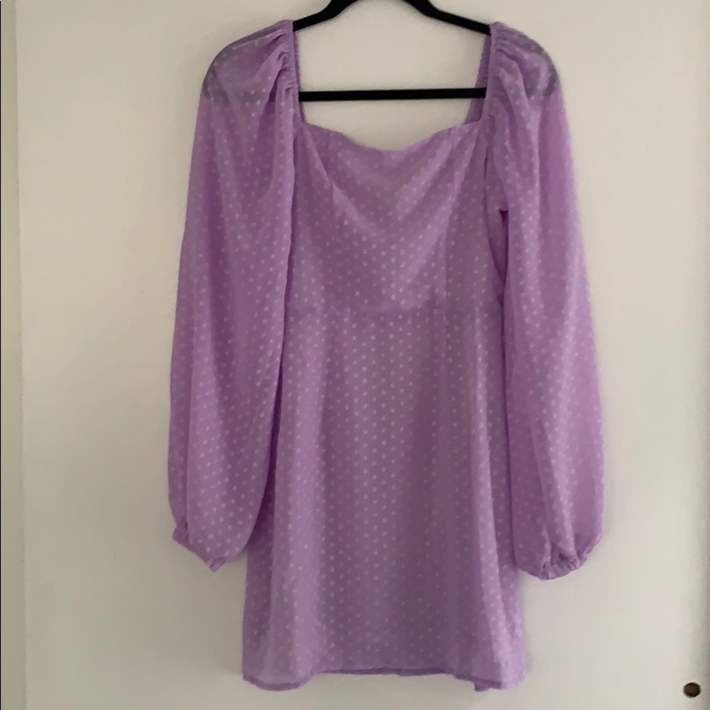 Purple, puffed sleeved, mini dress.
